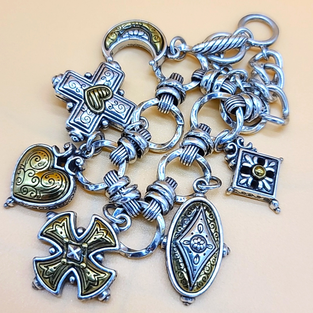$110 Brighton "CHERISH" Multi Two-Tone Cross, Moon, & Heart Charm Bracelet RARE - Picture 10 of 11